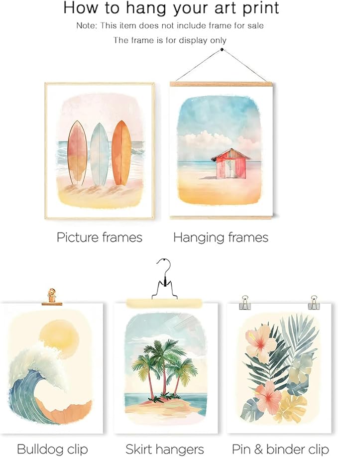 Beach Nursery Poster, Set of 6 Ocean Kids Wall Art Watercolor Summer Surf Wall Decor Beachy Boys Room Decor Funny Teen Coastal Surfboard Canvas Prints Aesthetic Unframed 8x10 inch