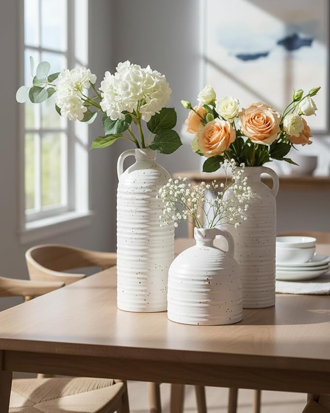 White Polka Dot Vase Set of 3, Ribbed Jugs with Handles for Home Decor | Ceramic finish for rustic farmhouse tables, shelves, mantels and flower displays