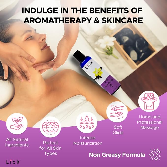 Lick Vanilla Flavored Massage Oil – Classic Dessert-Inspired Edible Massage Oil with Sweet Almond Oil, Silky Non-Greasy Glide for Couples Massage & Skin Care, 4 oz