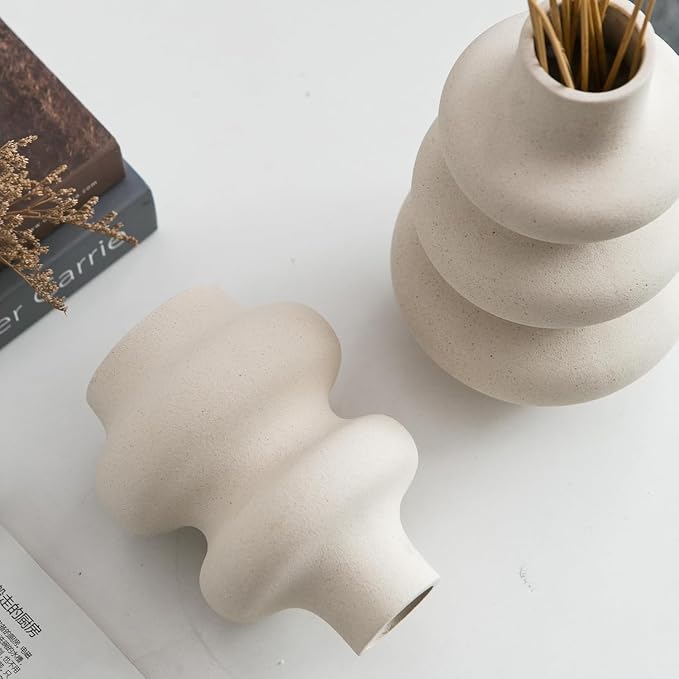 Ceramic Vase Set of 2 - Off White Boho Round Vases, Modern Pampas Vases, Dried Flower Vase Home Decor for Centerpieces Wedding Dinner Table Party Living Room Office Bedroom