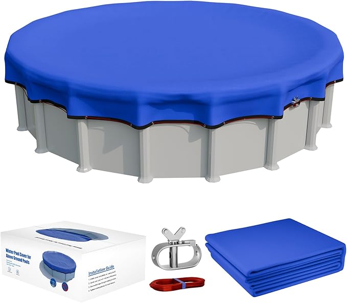 [Upgraded] 18ft/21ft/24ft/28ft Round Winter Pool Covers for Above Ground Pool Cover 18FT Cover 4FT Overlap - 500D Windproof with Steel Cable & Heavy Duty Winch - Swimming Pool Winter Cover Blue