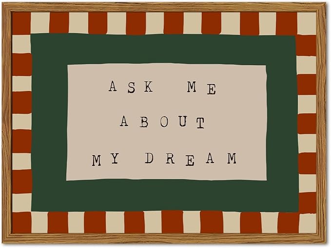 Framed Ask Me About My Dream Wall Art, Retro Red Green Checkered Pictures Wall Decor, Mid Century Modern Minimalist Text Paintings Canvas Prints for Home Living Room Bedroom 12x16 inch