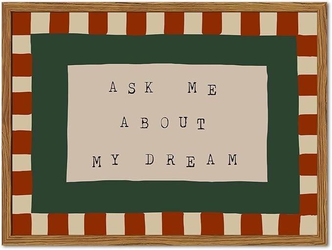 Framed Ask Me About My Dream Wall Art, Retro Red Green Checkered Pictures Wall Decor, Mid Century Modern Minimalist Text Paintings Canvas Prints for Home Living Room Bedroom 16x24 inch