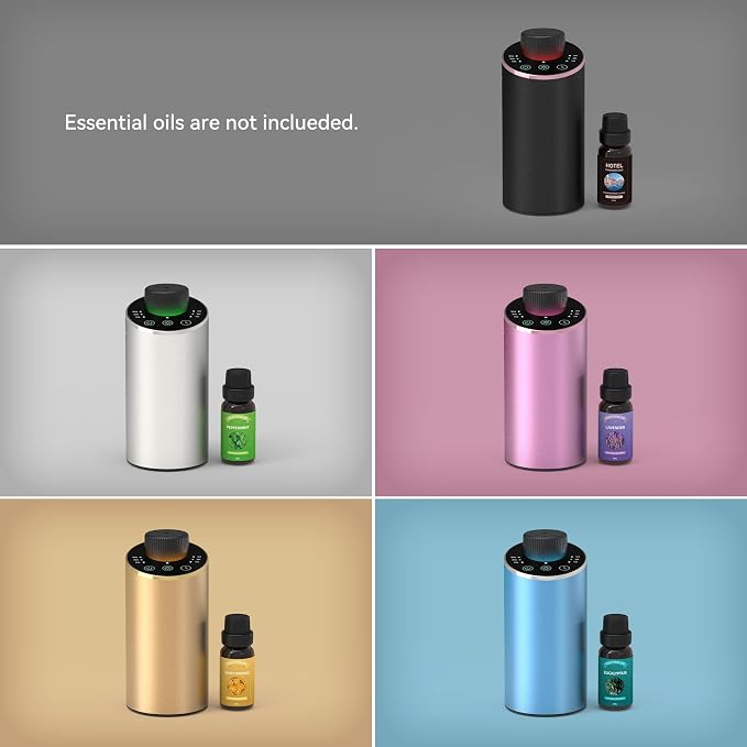 Waterless Essential Oil Diffuser Scent Aromatherapy Diffusers for Home Large Room, Car, Office, Portable Battery Operated Cordless Air Freshener, 4 Timers & 3 Mist Levels, 100ml Capacity (Silver)