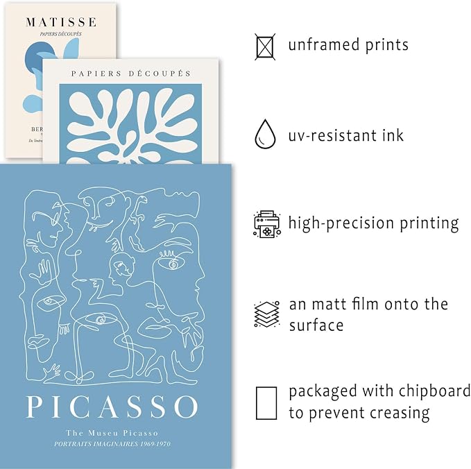 16 PCS Blue Wall Art Decor, Matisse Gallery Wall Prints for Bedroom, Light blue posters for Room Aesthetic, Collage Kit Pictures for Living Room, Teen Girls Dorm Home Artwork