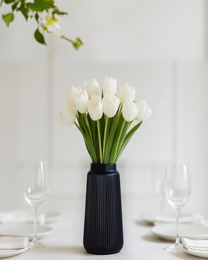 Black Ceramic Vase, 8 Inch Conical Flower Vase with Narrow Mouth for Pampas Grass, Modern Tapered Decorative Vase for Home Decor, Living Room Table, Shelf
