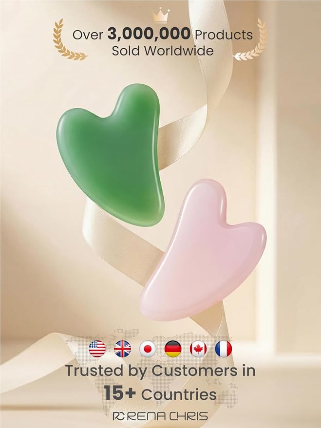 Rena Chris 2PCS Gua Sha Facial Tools: Jade Stone Guasha Tool for Face Acupuncture Therapy, Facial Massager for Jawline Sculpting and Puffiness Reducing (Green & Pink)