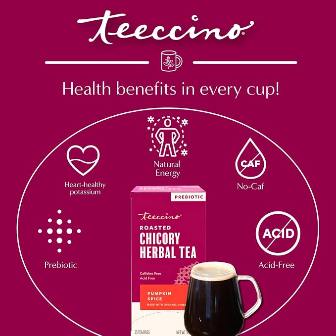 Teeccino Pumpkin Spice Herbal Tea - Rich & Roasted Autumn Harvest Tea That’s Caffeine Free & Prebiotic for Delicious Comfort, 25 Tea Bags