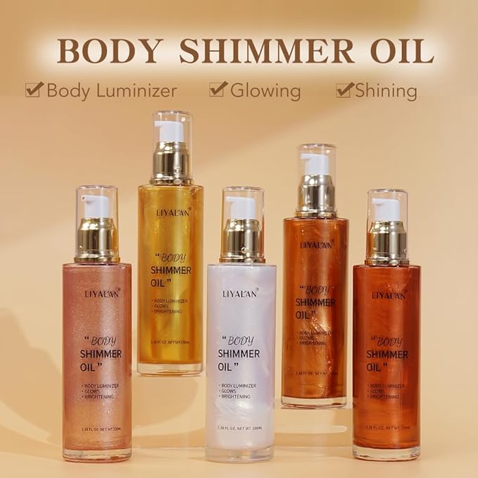Liyalan Shimmer Body Oil Pearl White 5 Color Bronze Face Brighten Glow Highlighter Illuminator Body Makeup Shine Glitter Gold Liquid Taning (2.8 Fl Oz)