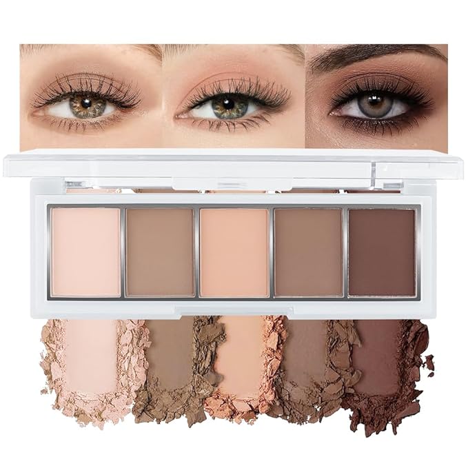 5-Color Mini Matte Neutral Nude Brown Eyeshadow Palette – Soft Ivory, Mocha Browns & Peach Nude, High Pigment Contour Eyeshadow Palette for Daily Natural Makeup, Perfect for Blue & Green Eyes