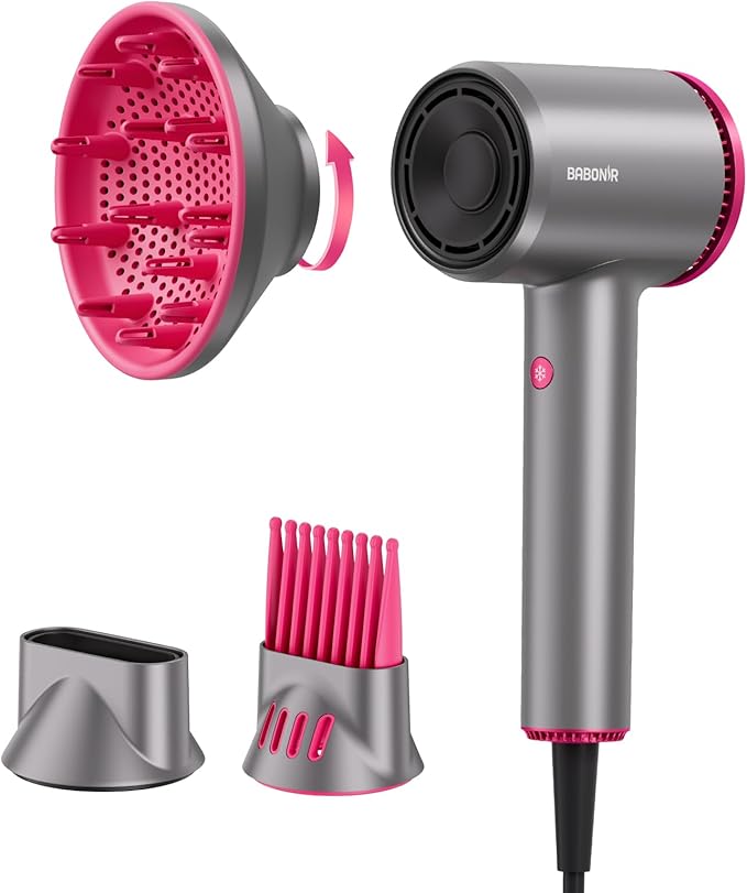 BABONIR High-Speed Hair Dryer 110,000 RPM, 1875W Ionic & Plasma Blow Dryer with Diffuser, Concentrator & Comb, 550 Million Ionic Hairdryer with Cool Shot, Low-Noise CompactPro Travel & Salon – Gray