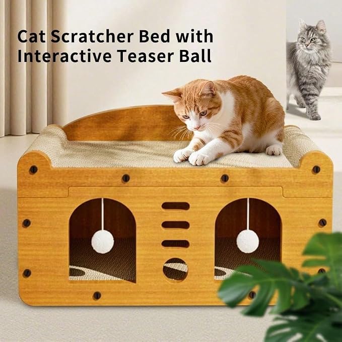 3-in-1 Scratcher Cat House – Save Your Furniture Combines Play Cave, Cozy Bed & Scratching Pad. Durable Cardboard, Reduces Stress. Ideal for Indoor Cats Who Love to Scratch, Play & Nap (MD-DOOR1)