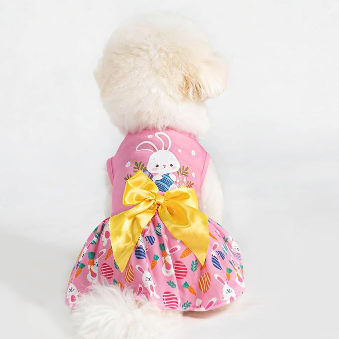 PUPTECK Print Easter Dog Dress with Cute Bow, Pink Rabbit L | Puppy Doggie Pet Clothes Outfits Apparel Costume for Holiday Party Birthday Photoshoot for Small Medium Large Dogs Girls