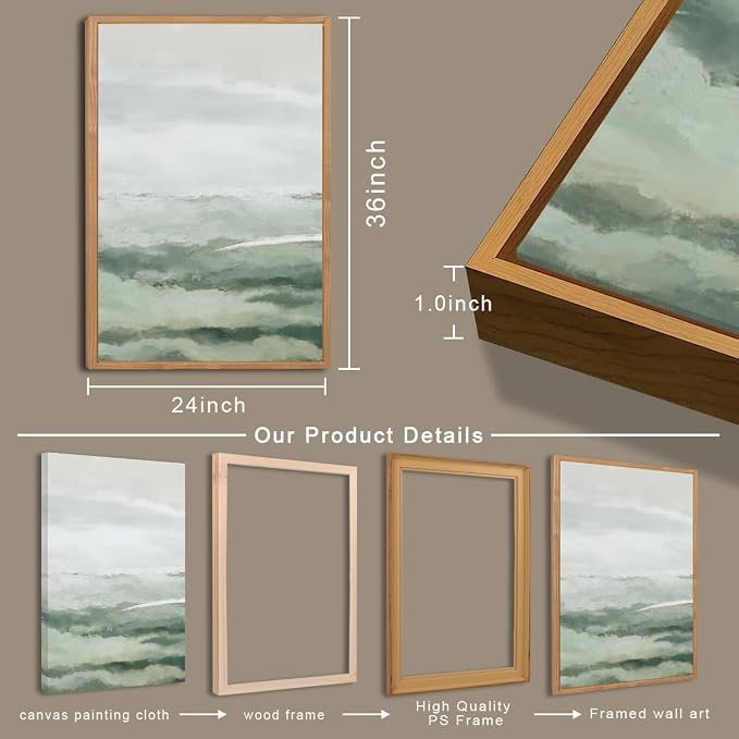 ANHUIB Large Green Abstract Framed Wall Art Set of 3 Sage Green Landscape Canvas Wall Decor 24x36 InchBeige Neutral Watercolor Lake Textured Illustrations Painting for Living Room Bedroom Dining Room