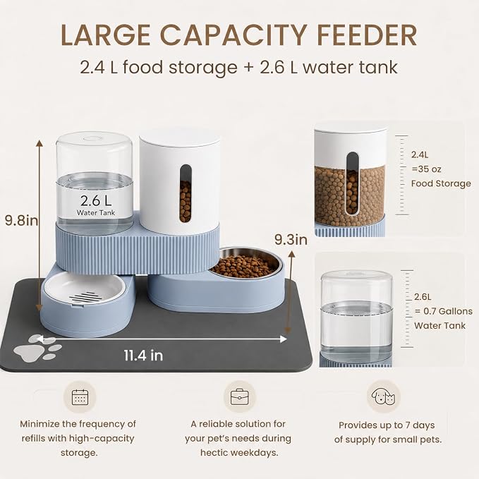 Gravity Cat Feeder 2 Pack Automatic Food Feeder Stainless Steel Water Dispenser Set 360 Degree Rotatable Pet Bowls with Silicone Mat for Cats Small Medium Dogs, Large Capacity(Blue)