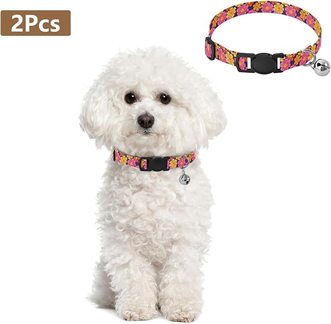 Tropical Pink Flowers Collars for Cats, 2 Pack Dog Bell Collar