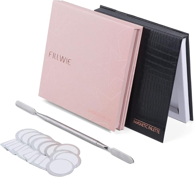 Pink&Black Magnetic Refillable Makeup Palette with Mirror – Lightweight, Durable, Travel-Ready Case for Eyeshadow, Blush, Lipstick – Includes Spatula & 20 Stickers – Small, Waterproof Paperboard