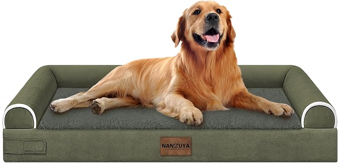 Orthopedic Dog Bed for X-Large Dogs, 40 x 32 Inch, Dark Green | Egg crate foam for joint support, 3-sided bolster pet sofa, waterproof lining, washable cover, and non-skid base
