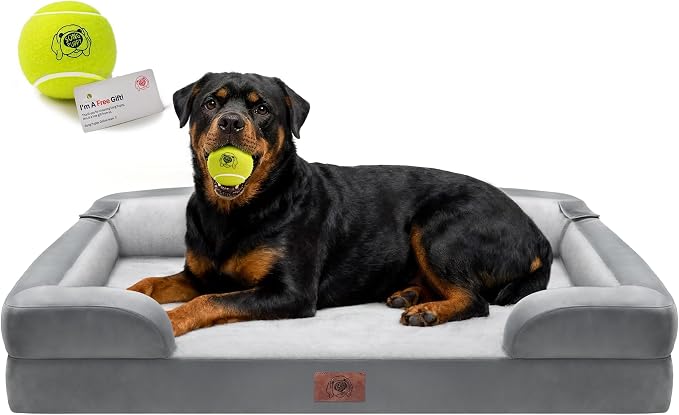 Waterproof Orthopedic Dog Bed for Extra Large Sized Dogs | Memory Foam Pet Bed Sofa with Bolster, Dog Couch with Washable Cover & Non-Slip Bottom, 45x35 Inch, Grey