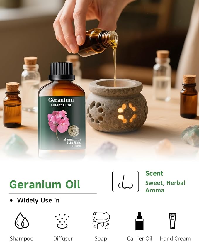 Geranium Essential Oil, Floral Scent, Outdoor & Skin Care, 3.38 Fl Oz | Mumianhua Rose Geranium Oil, Steam-Distilled. Sweet, Rose-Like Aroma. For Garden Spray, Diffuser, Skin, Hair & DIY
