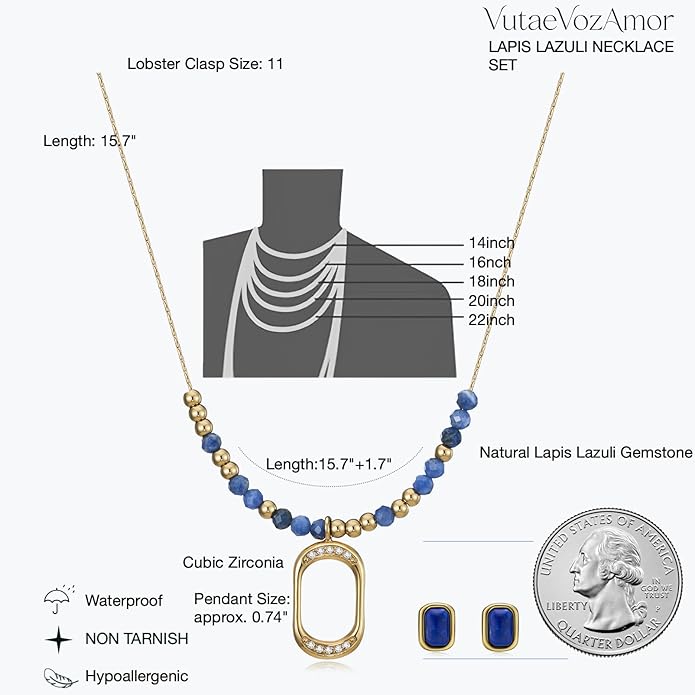 14K Gold Plated Natural Lapis Lazuli Necklace & Earrings Set, Waterproof PVD Stainless Steel Healing Crystal Gemstone Dainty Beaded Chain, Non Tarnish Spiritual Jewelry Gift for Women