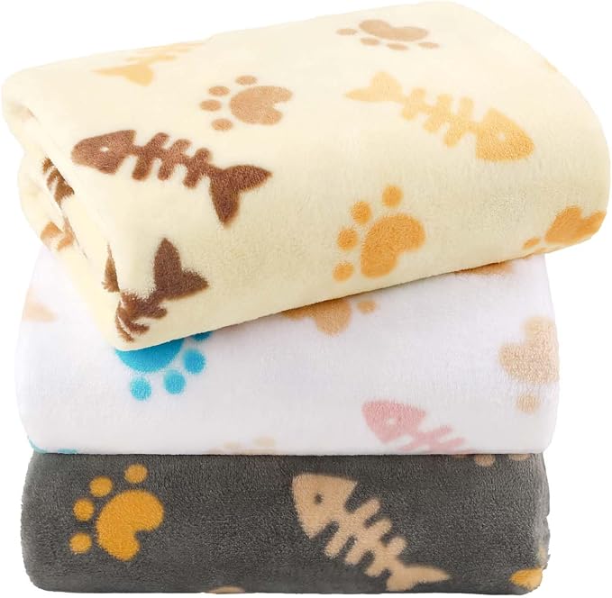 LINENLUX Dog Blankets 3-Pack, Super Soft Fluffy Fleece Pet Throw Warm | Premium flannel fleece pet throw for cat, puppy. Cozy warm for bed, crate, or couch naps; Grey/Khaki/White-3pcs 23x16 inch