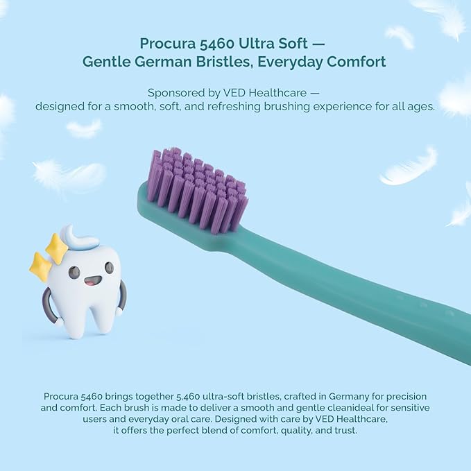 Ved ProCura Ultra Soft Toothbrush – Gentle Manual Toothbrush for Adults with 5,460 Super Soft Bristles for Sensitive Teeth and Gums (Cyan)