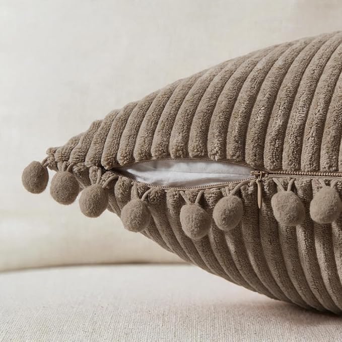 Fancy Homi Set of 2 Light Brown Decorative Throw Pillow Covers 14x14 Inch with Pom-poms for Couch Bed Sofa, Modern Farmhouse Boho Home Decor, Soft Plush Corduroy Cute Cushion Case 35x35 cm