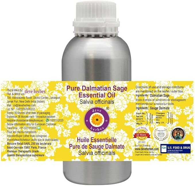 dève herbes Pure Dalmatian Sage Essential Oil (Salvia officinals) Steam Distilled 300ml (10 oz)
