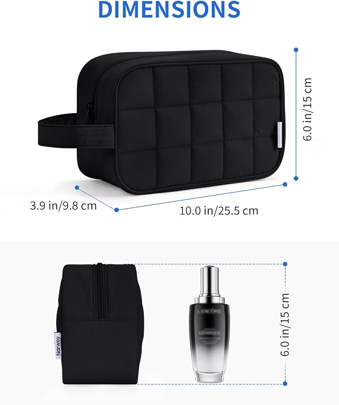 Narwey Quilted Makeup Bag Puffy Make up Bag Cosmetic Bag Organizer, Puffer Travel Toiletry Bag for Traveling Women Girl, Travel Bag for Toiletries, Skincare Medicine Bags (Black)