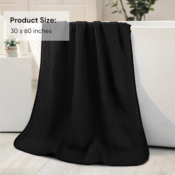 HOMEXCEL Waffle Bath Towels Set 4 Pack, Premium Microfiber Bathroom Towels, Lightweight, Highly Absorbent and Quick Dry Towel for Bathroom, Gym, Shower, Hotel, and Spa, 30 x 60 Inch, Black