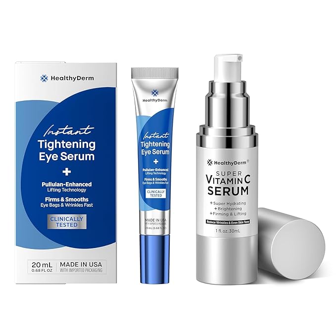 HealthyDerm Anti-Aging Skincare Bundle – Instant Tightening Eye Serum + Super Vitamin C Serum – Firms, Smooths & Brightens – Reduces Wrinkles & Eye Bags – Made in USA