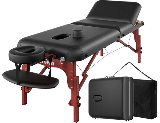 CLORIS 84" Professional Massage Table Portable 3 Folding Lightweight Facial Salon Spa Tattoo Bed Height Adjustable with Carrying Bag & Wooden Leg Hold Up to 1100LBS