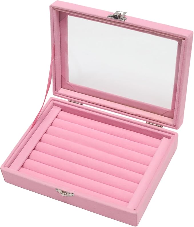 Small Velvet Jewelry Tray with Clear Lid, 8 Rolls Pink | Lockable Ring Earring Holder Organizer Storage Box Case Jewelry Box Organizer for Rings Earrings Bracelets Brooches