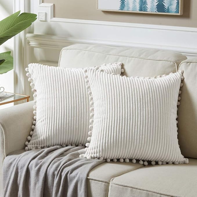 Fancy Homi 22x22 Pillow Covers, Pack of 2 Cream White Throw Pillow Covers with Pom-poms, Super Soft Corduroy Square Solid Cushion Cover for Couch Sofa Bedroom Living Room 55x55 cm