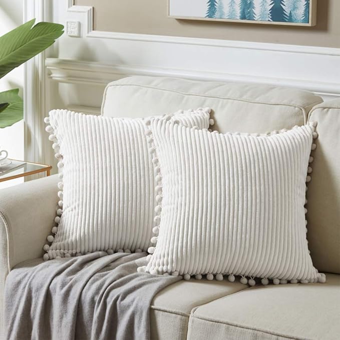 Fancy Homi 2-Pack Cream Corduroy Pom Pom Throw Pillow Covers, 18x18 Inch
