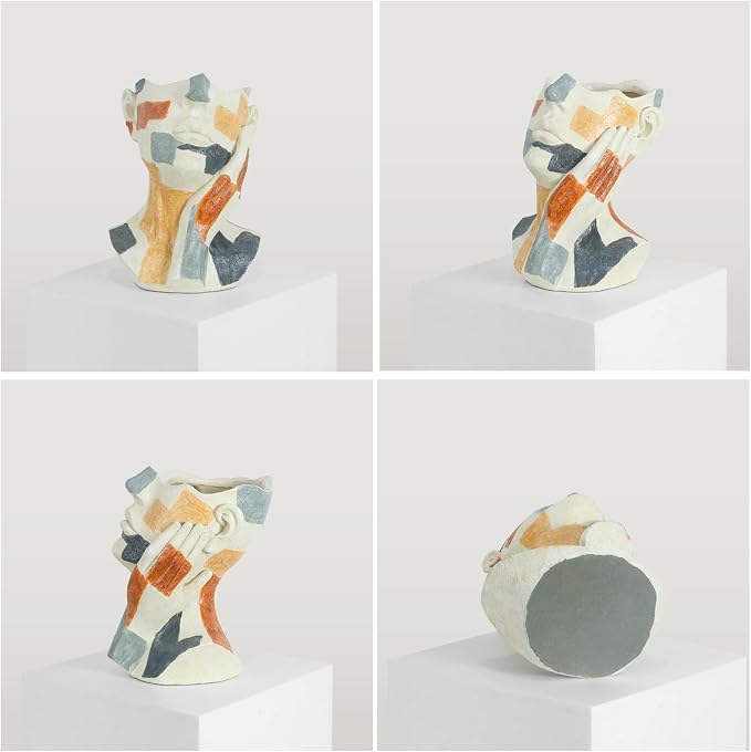 Lukitas Abstract Face Planter, Faux Sandstone Decorative Vase, Resin 10.5'' | Colorful Artistic Flower Plant Pot for Garden Patio Living Room Desk Shelf Decor