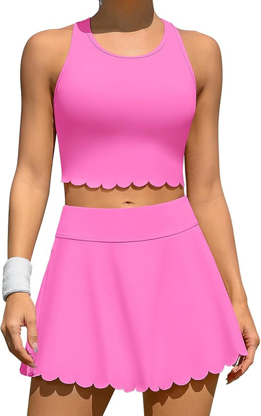 ATTRACO Tennis Outfits for Women Racerback Golf Dress Workout Dress | Athletic Skirt Set, Built-in Shorts, 2 Pockets, Scalloped, Racerback, High Waisted, Pickleball, Workout Set