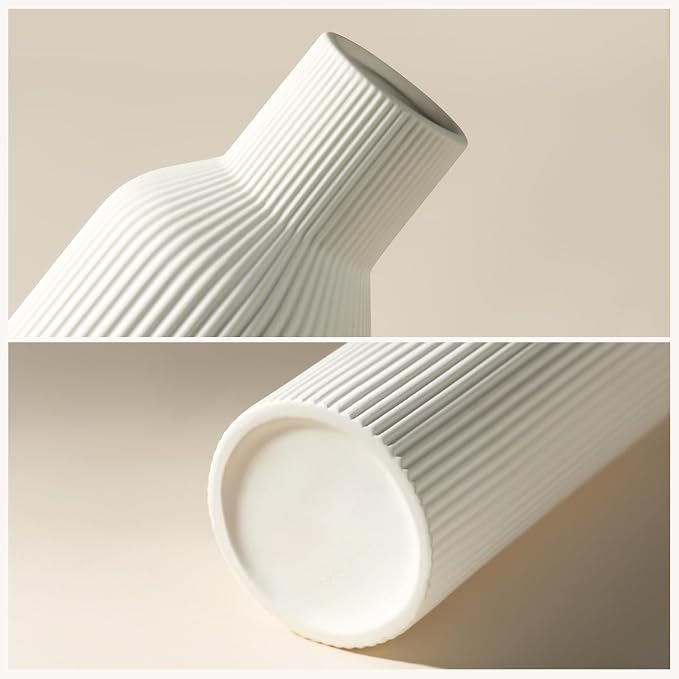 White Ceramic Flower Vase Set of 3 Matte Ribbed Waterproof | Waterproof interior for fresh or dried pampas. Minimalist centerpiece for living room, entryway, office, or wedding