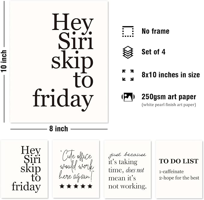 DSHFG Funny Motivational Office Wall Art Decor Prints Set of 4, Black Motivational Wall Decor Trendy Retro Posters for Office Home Decor, 8x10 Unframed
