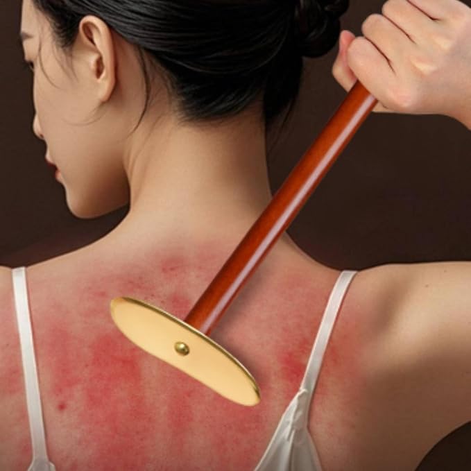 Gua Sha Easy to Clean Long Handle Gua Sha Gift Idea Myofascial Release, Red Pear Wood Brass Tai Chi Gua Sha Board Short Handle + Essential Oil + Acupoint Chart
