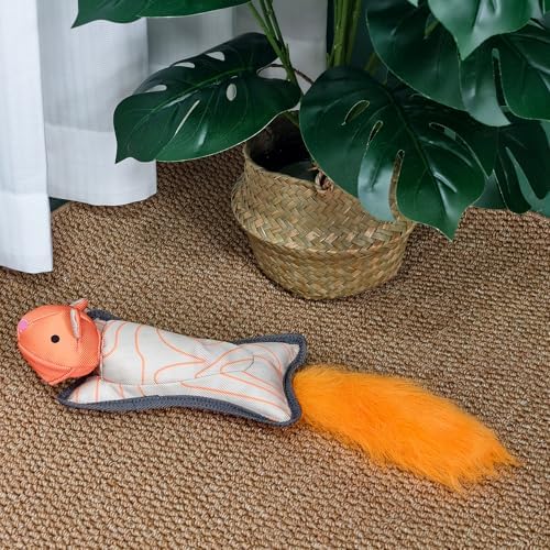 16.54 Inch Orange Squirrel Slingshot Flying Dog Toy, Oxford Squeaky Chew Toy for Fetch Training, Interactive Durable Toy for Medium Large Dogs