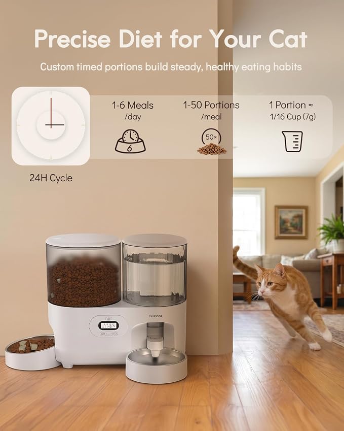 Yuposl Automatic Cat Feeder and Gravity Water Dispenser | 2-in-1 Timed Cat Food Dispenser, 42Cups/10L Extra-Large Capacity for Multi-Cats and Small Dogs, All Detachable for Easy Clean