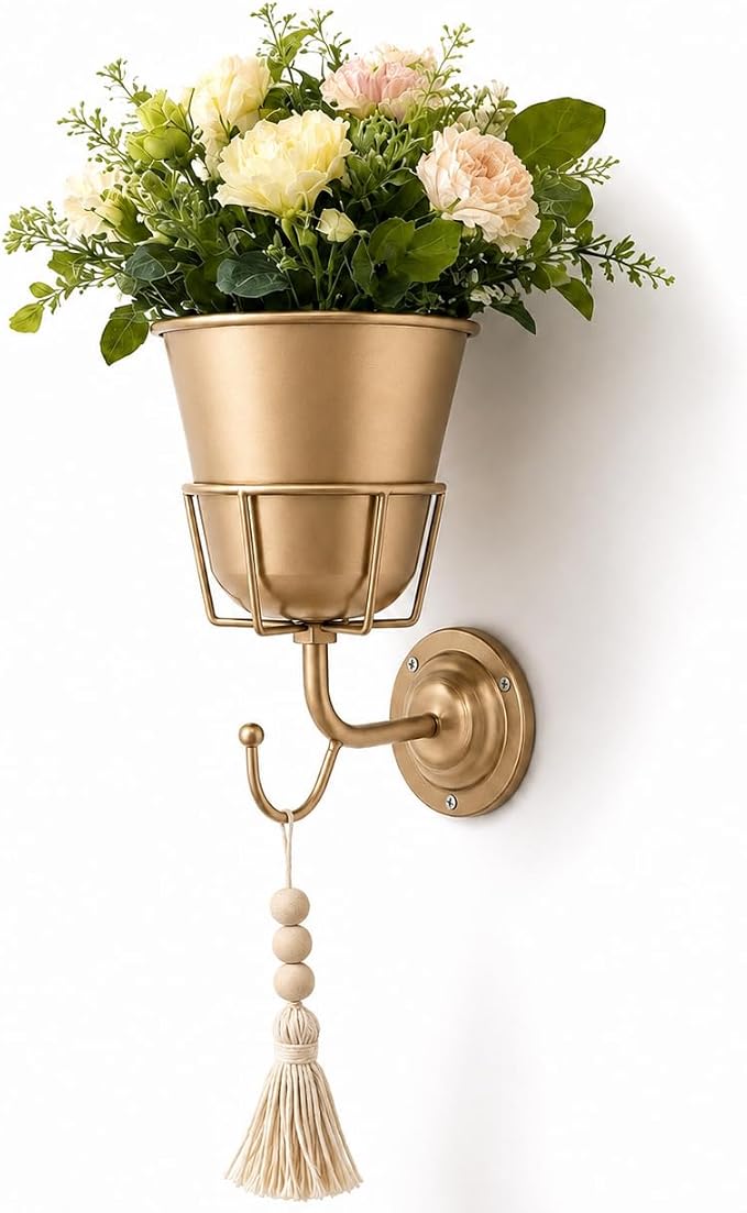 Metal Wall Vase for Flowers with Hook, Gold Wall Mounted Vase | pace-Saving Wall Flower Display with Built-In Hook