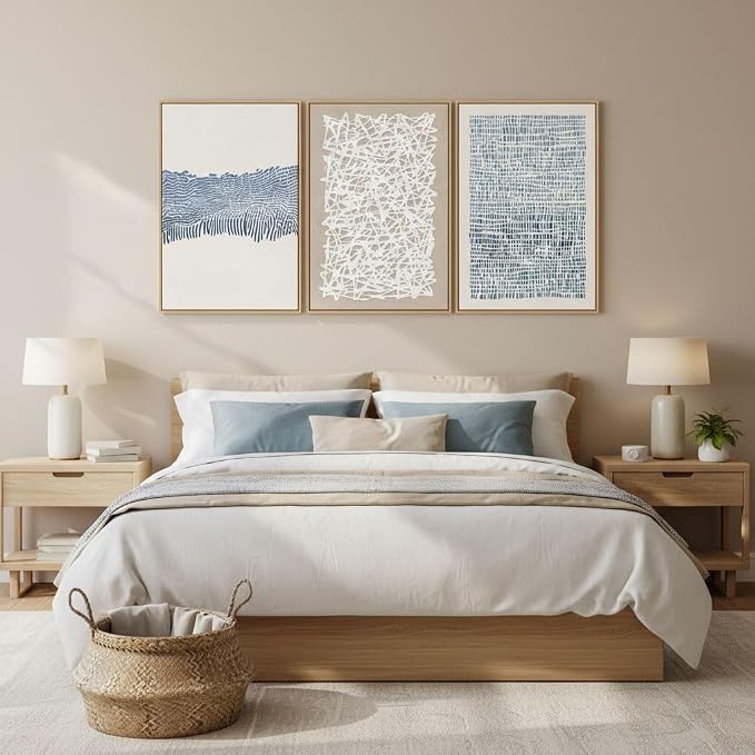 SAFERRYHOME Blue Neutral Contrast Abstract Boho Wall Art,3 Panels 24"x36" | Modern Abstract Framed Canvas Print Set, Mid Century Modern Minimalist Lines Geometric Pattern for Living Room,Bedroom,Office