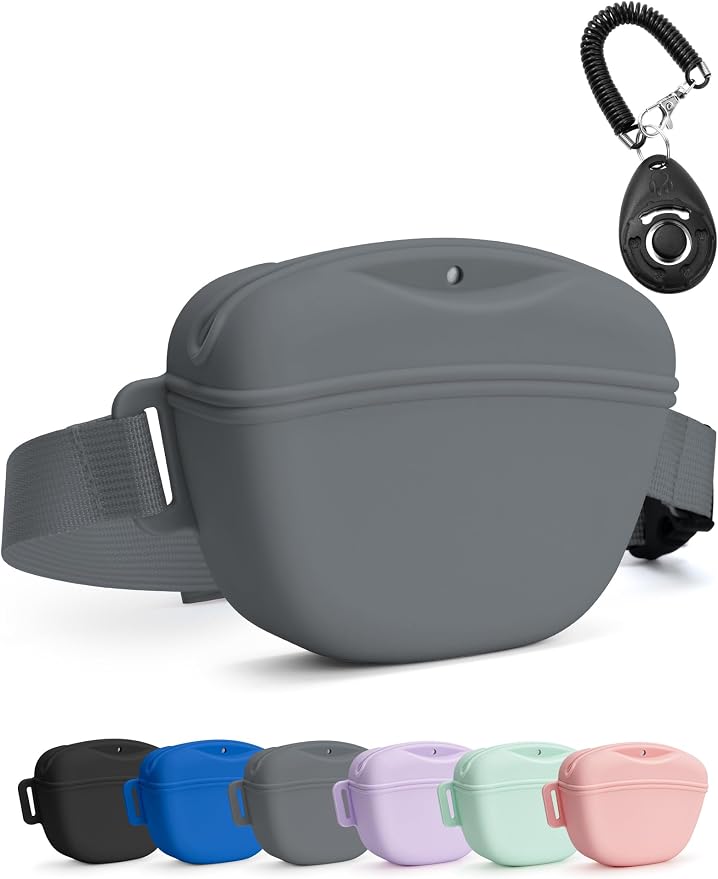 heouvo 1.67 Cup Dog Treat Pouch with Training Clicker (Grey) | Magnetic Closure, Silicone Bag with Waist Belt for Pet Training & Walking, Easy One-hand Treat Access