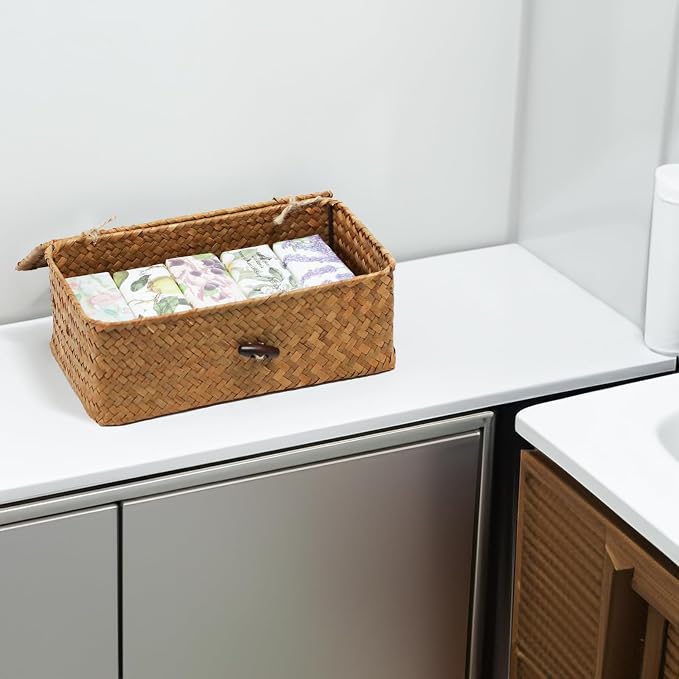 Set of 2 Wicker Basket with Lid, Seagrass Woven Basket for Storage | Decorative Storage Baskets Bins for Organizing Home, Shelf Storage Boxes, Rectangular Woven Design, Multipurpose Home Decor