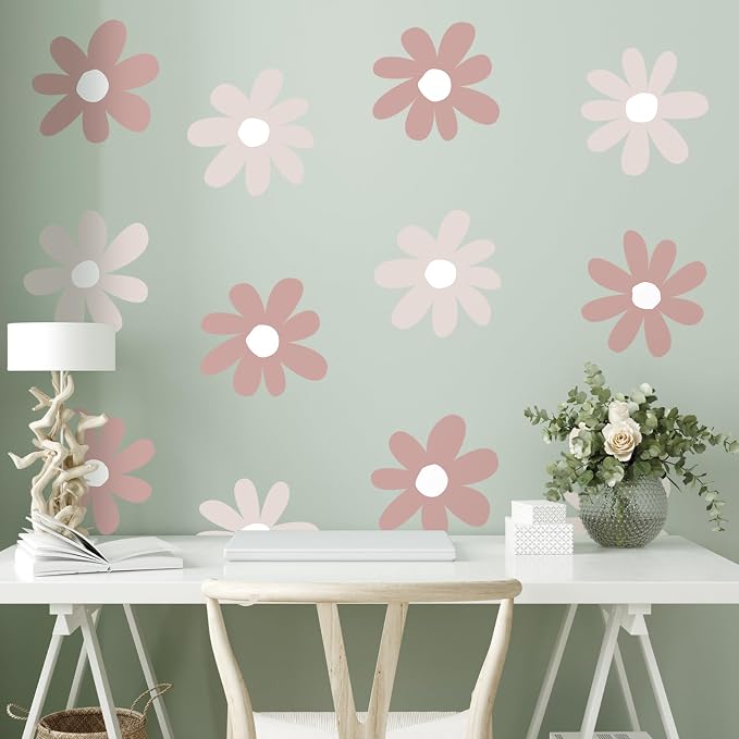 TaoBary 12 Sheet Daisy Wall Sticker Decal,Grey Color,Simple Style | Big Flower Wall Sticker, Pink White Floral Decal, Daisy Bedroom Room Decor, Removable Peel and Stick, Nursery Home Wall Decor