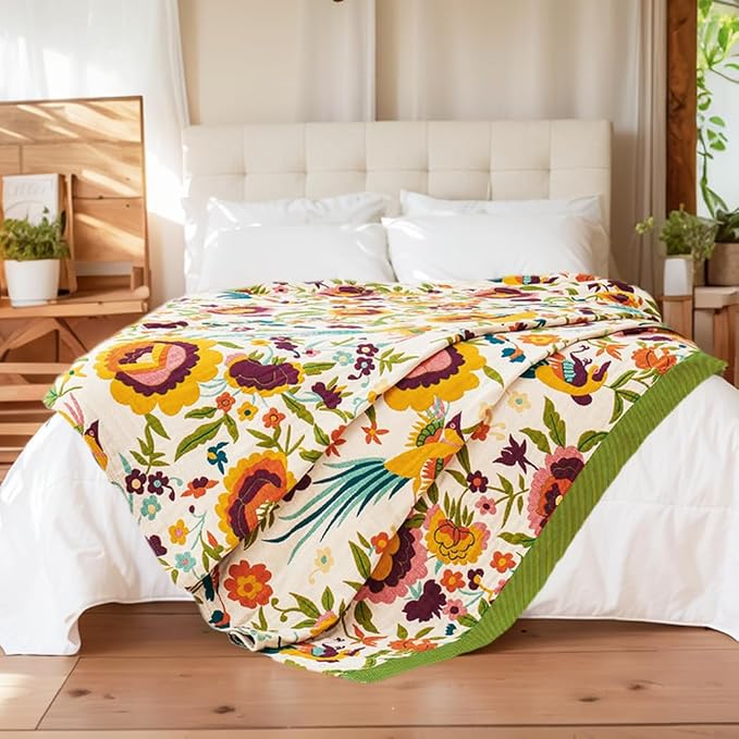 VANJOROY Boho Throw Blanket 50" x 60", 100% Organic Cotton Skin-Friendly Soft Bed Quilt Throw - All Season Floral Rustic Farmhouse Decor Luxury Blanket for Sofa Couch Chair and Gift.