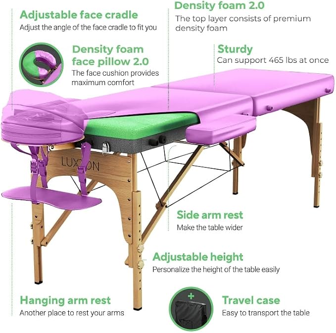 Premium Foam Massage Table Portable Foldable Massage Bed Height Adjustable, 72 Inches Long 27 Inches Wide Home Salon Spa Bed Tattoo Table with Accessories & Carrying Case, Easy Set Up